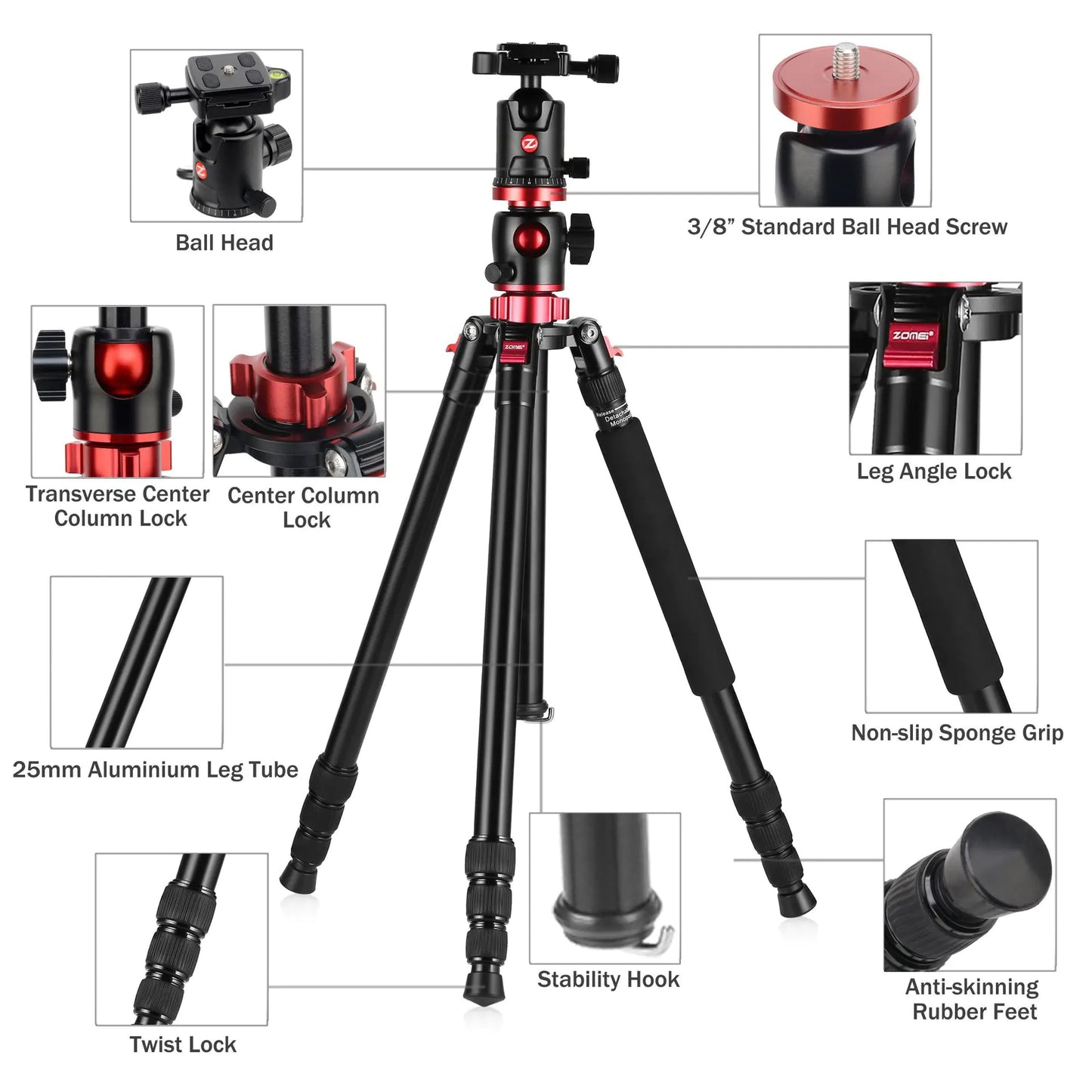 Tripod with Monopod, Carbon Fiber, Red and Black
